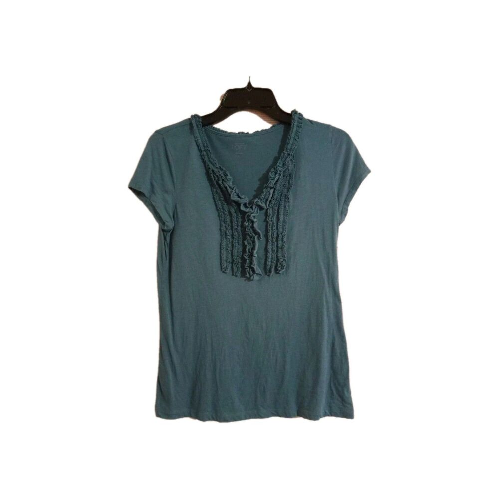 Ann Taylor Loft Shirt Womens Small Blue Ruffle Collar Cap Sleeve Top Tee